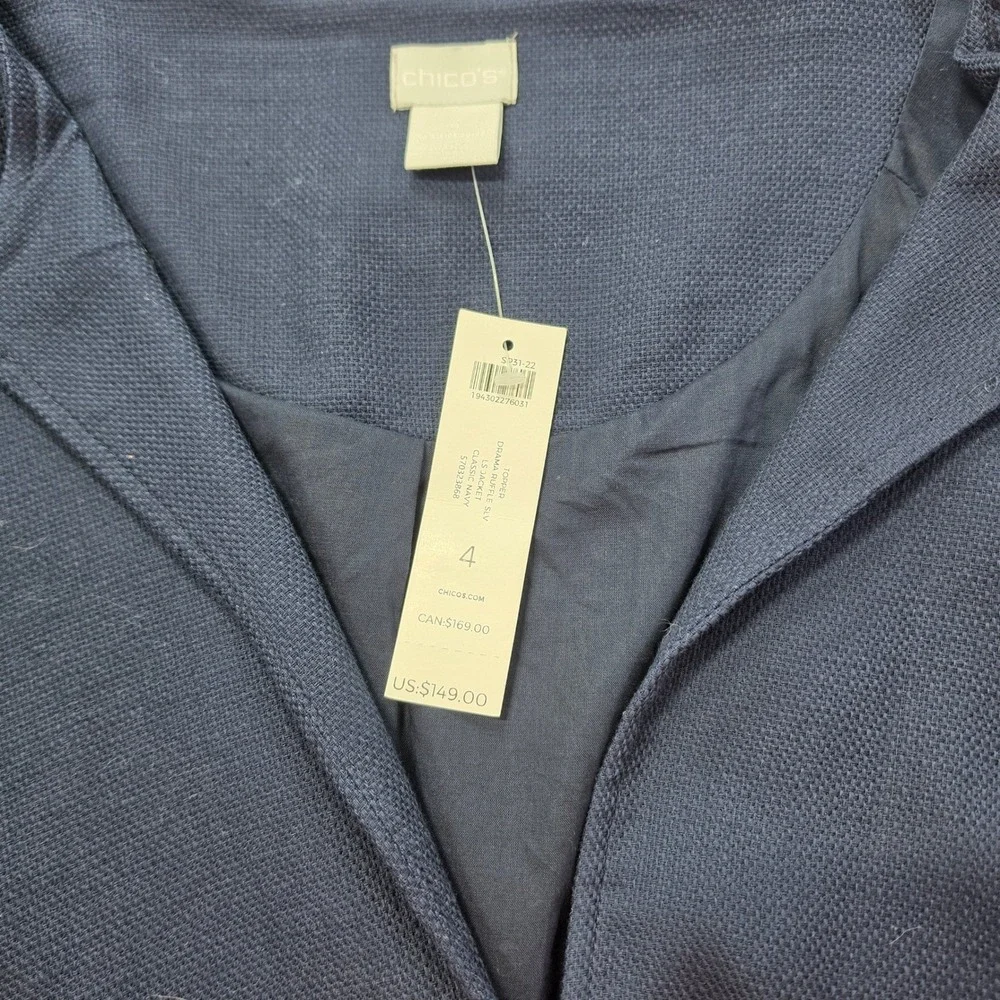 NWT Chicos Long Jacket Women Size 4 Navy Blue Ruffle Cuff Open Front Textured